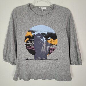 See By Chloe Graphic Top 3/4 Sleeve Ruffled Hem Cotton Gray Size 6